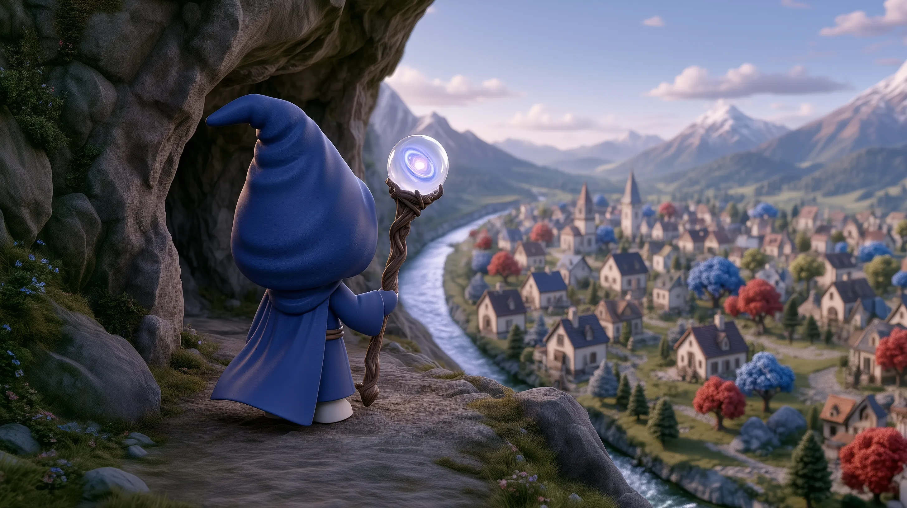 A wizard looking over a town