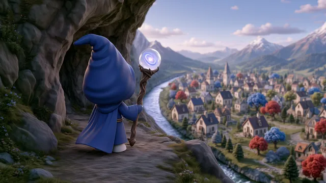 A wizard looking over a town