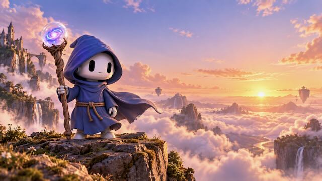 A wizard stands above the clouds.