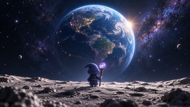 A wizard stands on the moon.